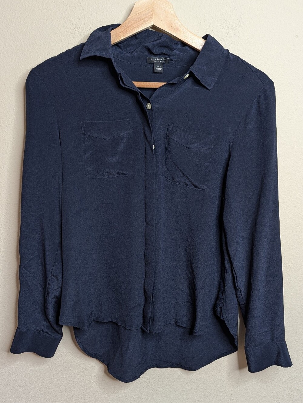 Ann Taylor Petite Silk Button Down Blouse Navy Blue XSP
